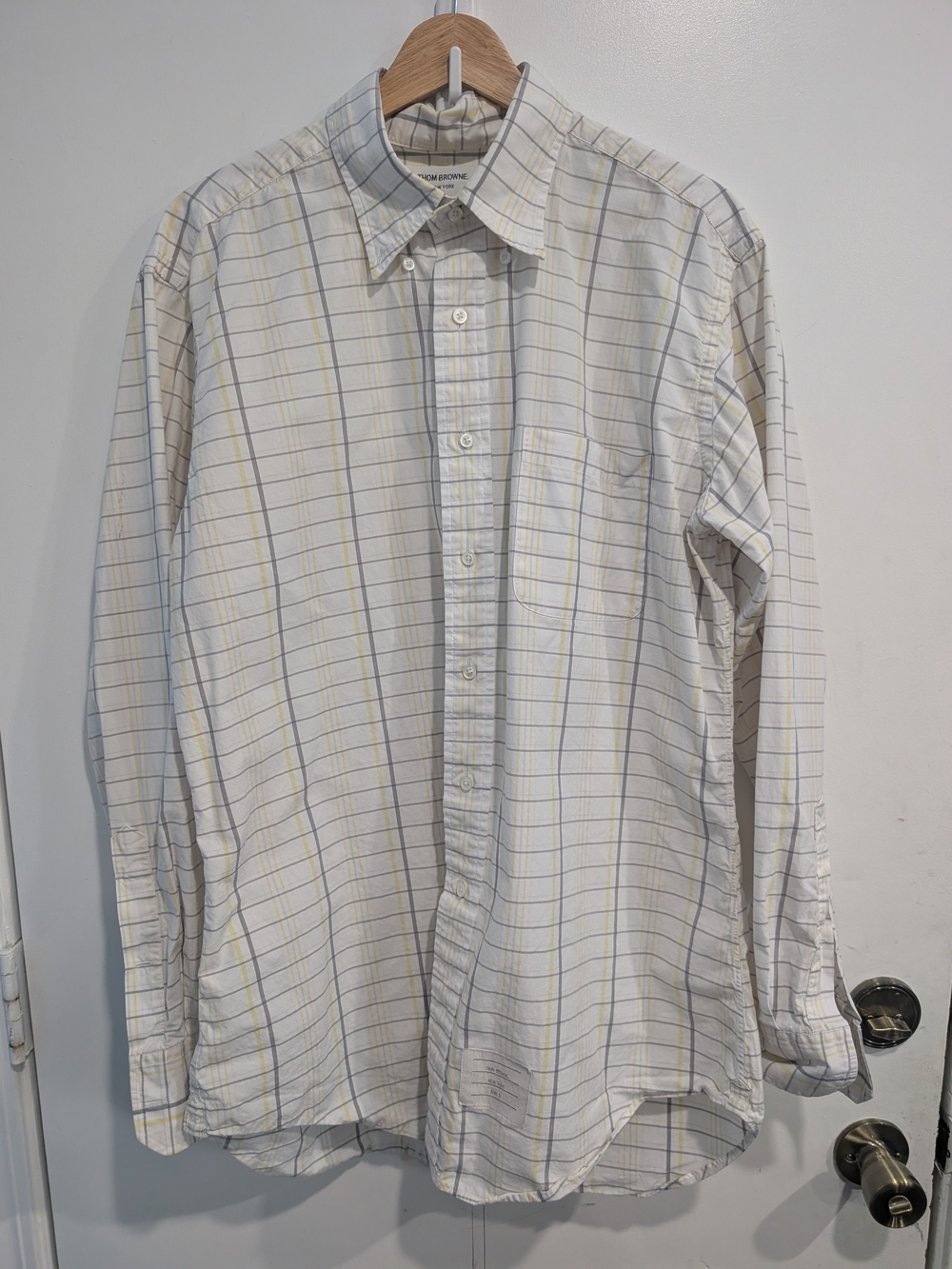 Thom Browne White Plaid Button-Down Shirt Yellow/Gray Striped Size 5/XXL